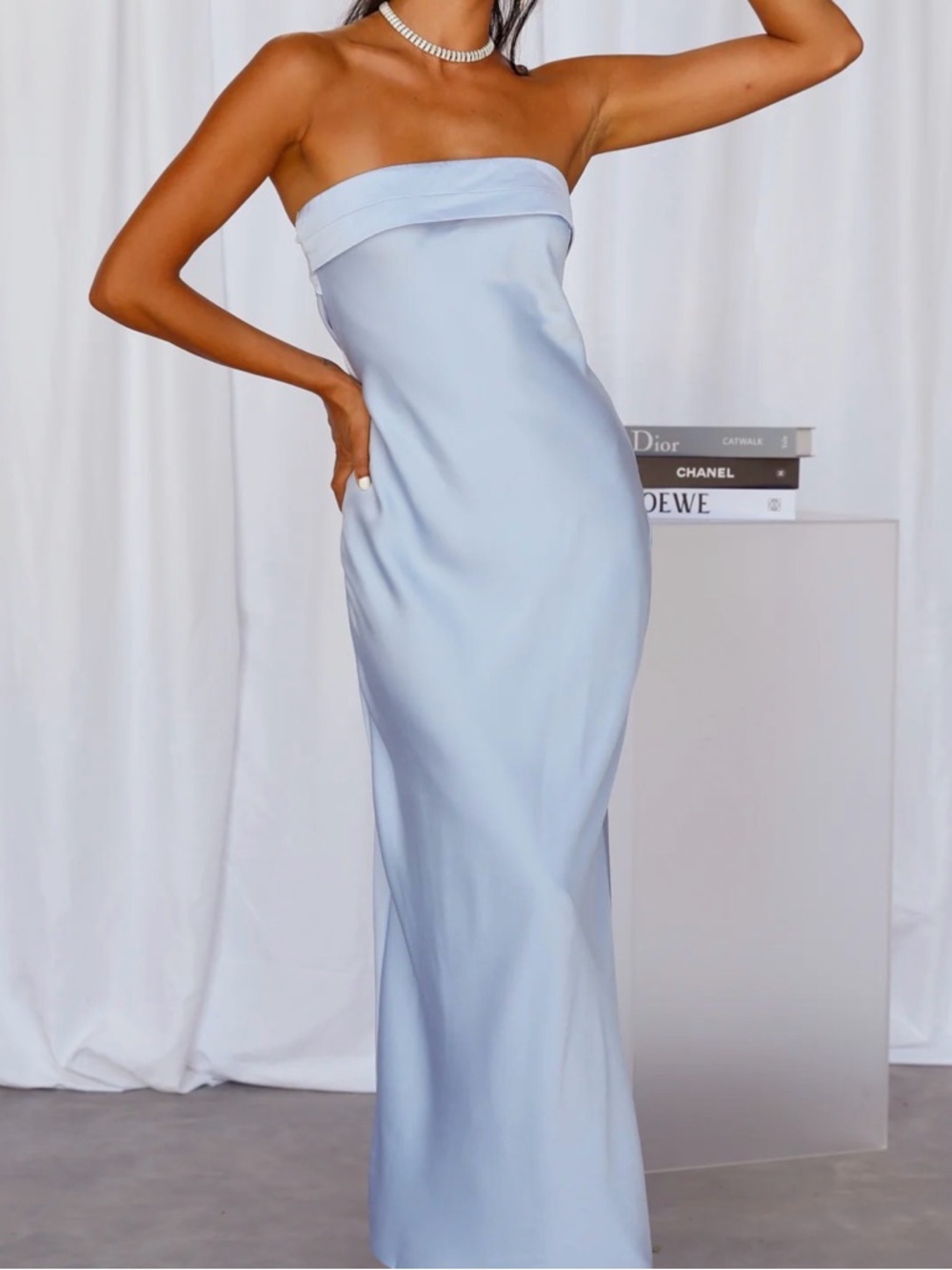 Hello Molly Strapless Light Blue Satin Dress